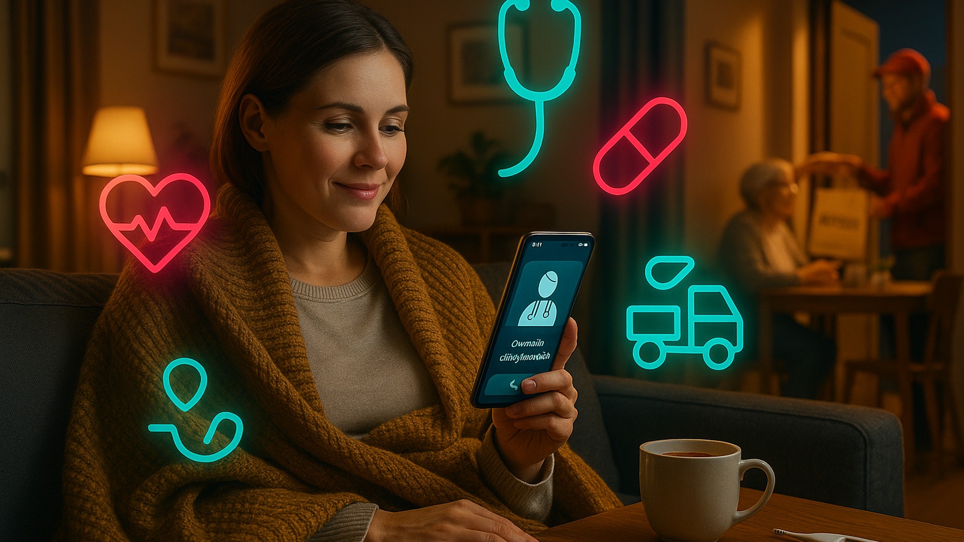Онлайн‑врач на смартфоне, спокойная атмосфера дома, рядом — забота семьи и быстрая доставка аптеки